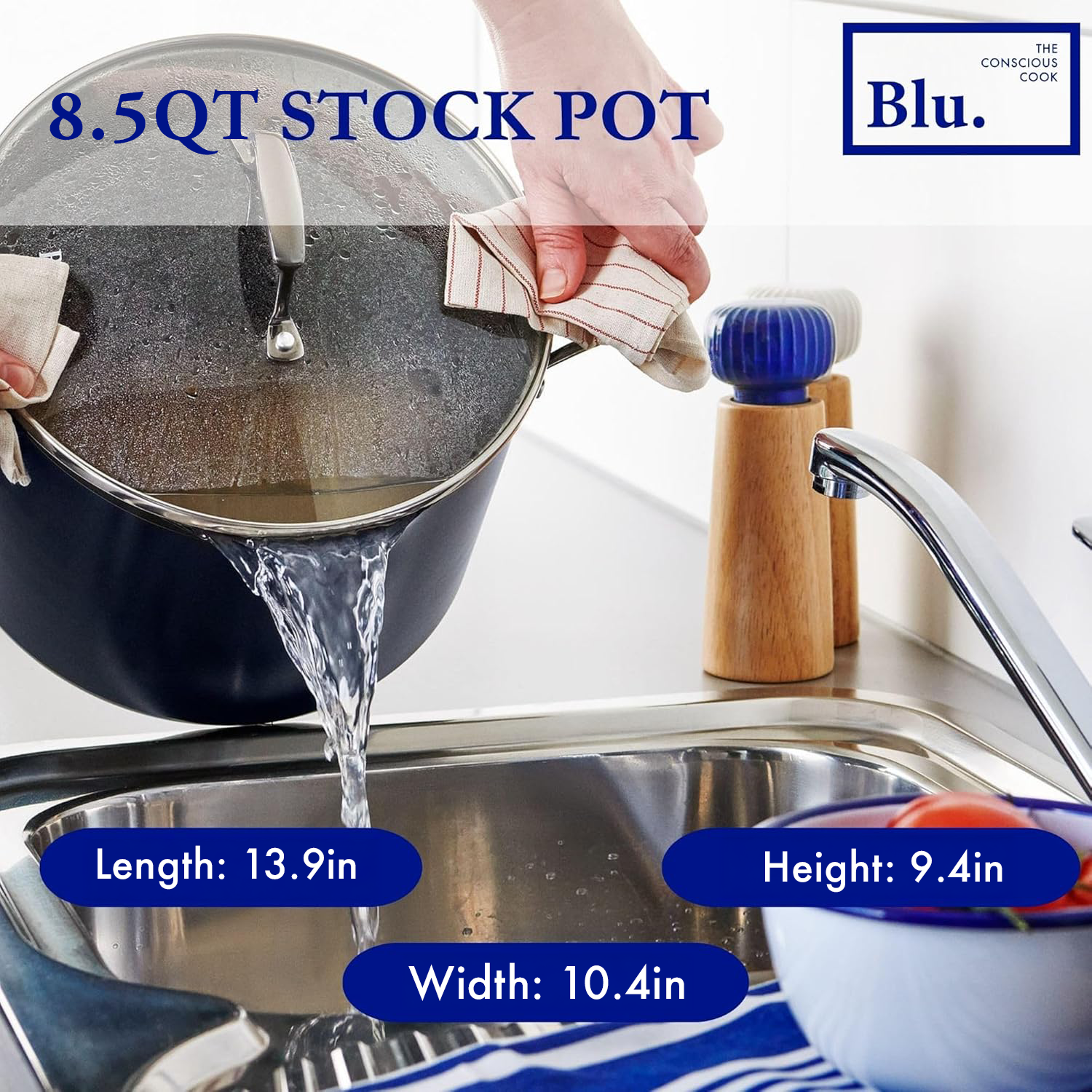 Blu. Cookware 8.5QT Stock Pot with Double Strainer Lid